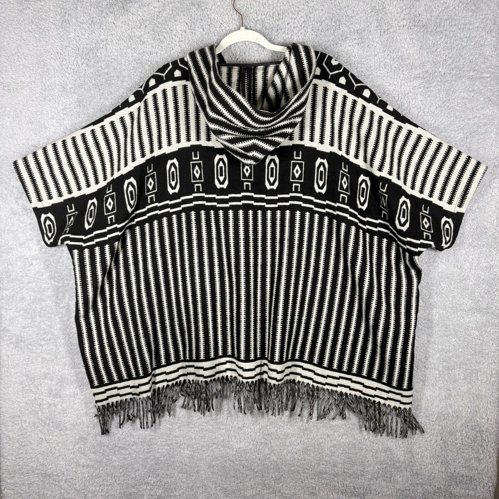 Madewell Hooded Poncho Blanket Jacket Sz L Black White Stripe Wool Blend Fringe - Picture 5 of 8